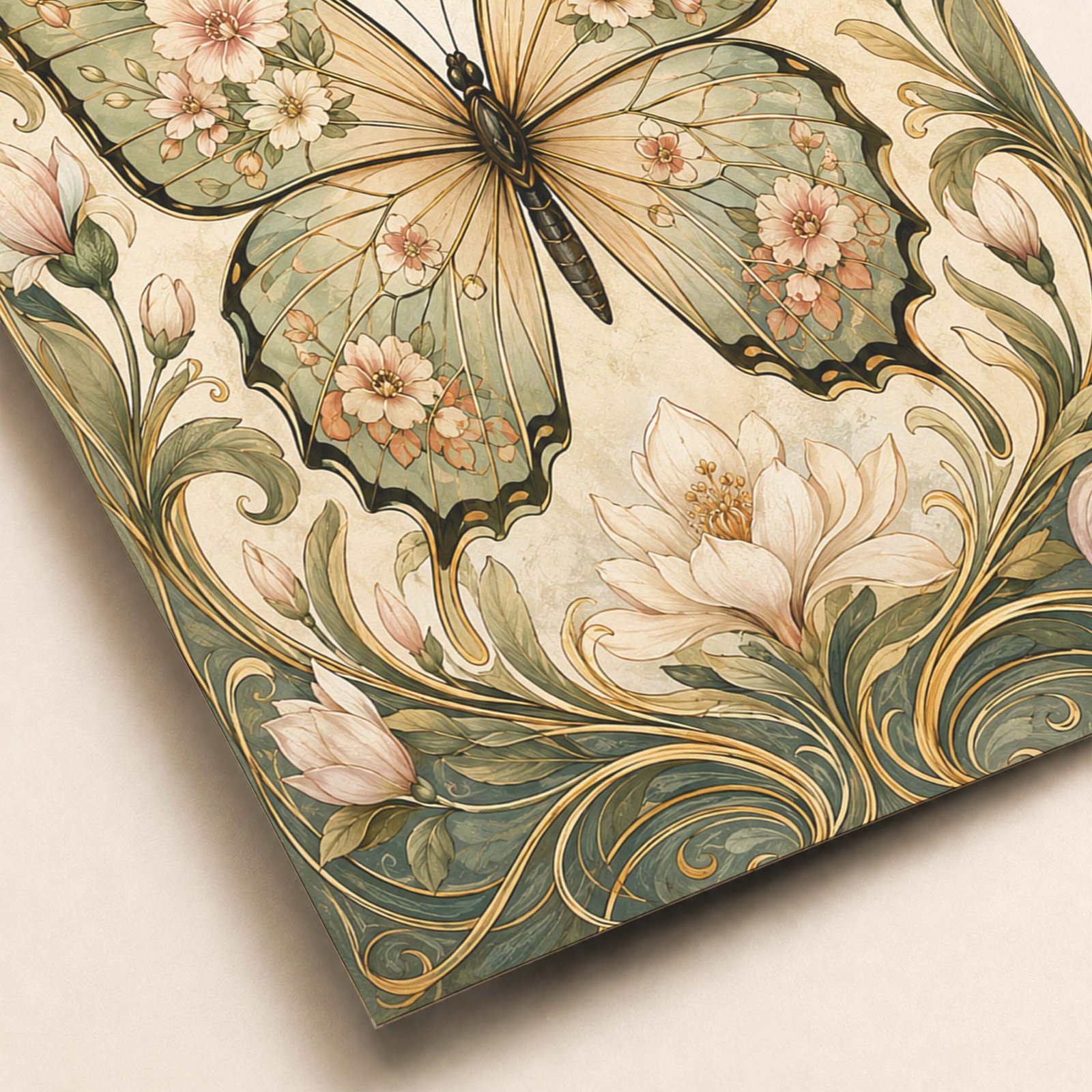 Détail du papillon fleuri avec motifs floraux et contours dorés