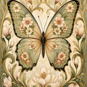 Papillon ornemental fleuri dans des tons vert sauge, rose poudré et doré