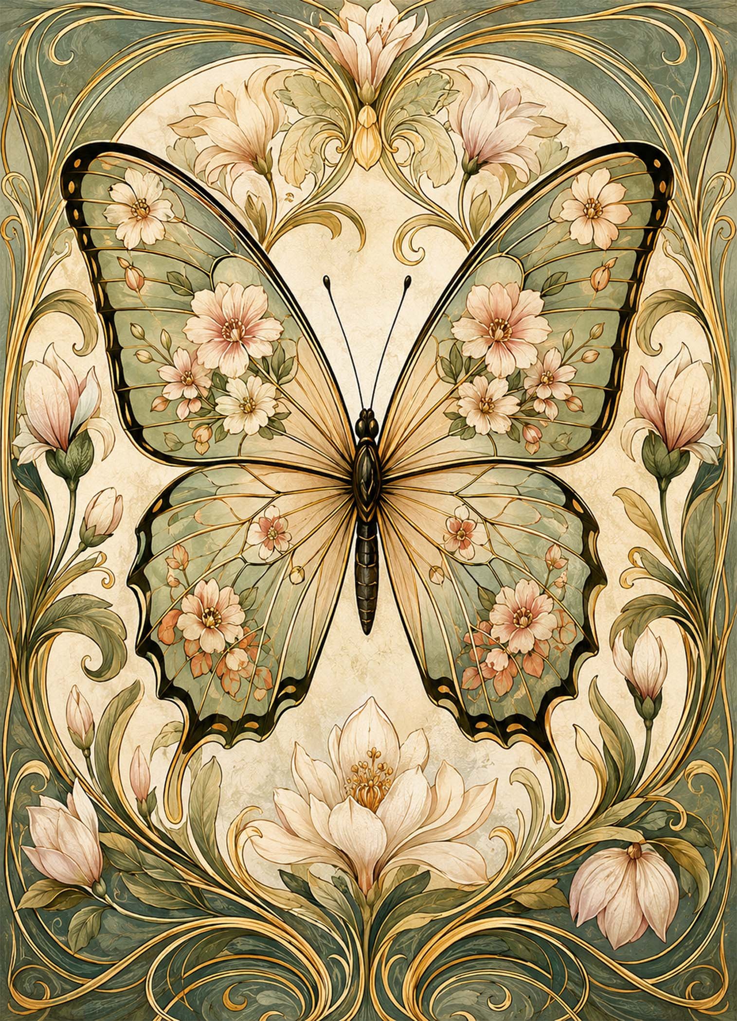 Papillon ornemental fleuri dans des tons vert sauge, rose poudré et doré