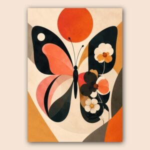 Papillon graphique décoratif avec fleurs stylisées sur fond crème