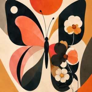Affiche décorative avec papillon graphique, fleurs stylisées et couleurs orange, noir et crème