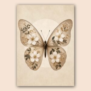 Papillon floral beige avec fleurs blanches et feuilles