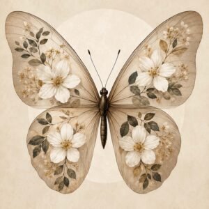 Papillon décoratif orné de fleurs blanches sur fond beige