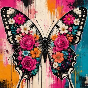 Papillon noir fleuri avec couleurs pop et coulures de peinture
