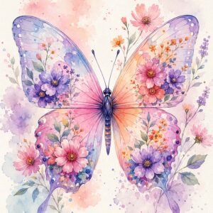 Papillon aquarelle pastel entouré de fleurs