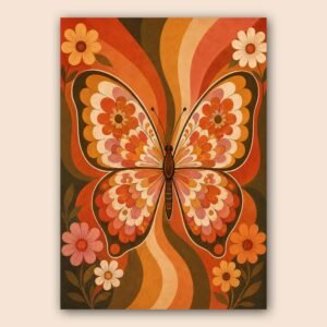 Illustration d'un papillon floral stylisé sur fond chaud et vintage