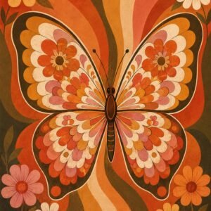 Papillon stylisé aux motifs floraux dans des tons orange, terracotta et rose