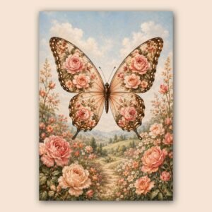 Papillon floral rose dans un décor bucolique