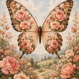 Papillon décoratif orné de fleurs roses au-dessus d’un paysage fleuri