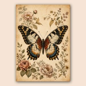 Affiche décorative avec papillon et fleurs