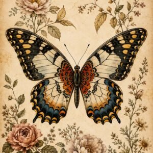 Papillon illustré entouré de fleurs sur fond patiné