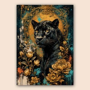 Affiche artistique d’une panthère noire entourée de fleurs dorées