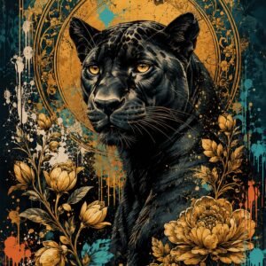 Panthère noire au regard intense avec ornements dorés et fleurs stylisées