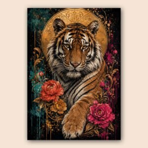 Affiche décorative avec tigre et fleurs colorées