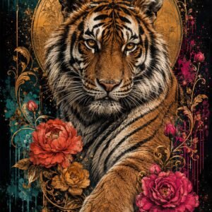 Tigre majestueux entouré de fleurs sur fond sombre décoratif