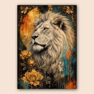Lion majestueux avec crinière détaillée et fleurs dorées sur fond abstrait
