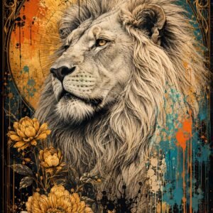 Affiche décorative d'un lion majestueux avec fleurs dorées et fond abstrait
