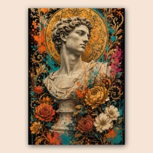 Buste classique entouré de fleurs colorées et d'ornements dorés