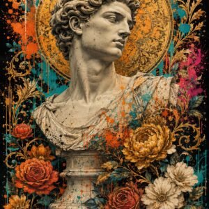 Affiche décorative avec buste classique entouré de fleurs et d'ornements dorés sur fond noir
