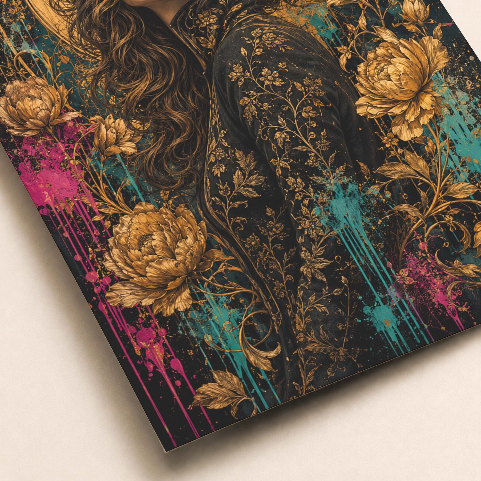 Détail du portrait floral avec fleurs dorées et texture artistique