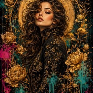 Affiche représentant un portrait féminin intense, entouré de fleurs dorées et de détails graphiques raffinés. Le contraste entre le fond sombre et les touches lumineuses crée une présence forte, idéale pour donner du caractère à un mur