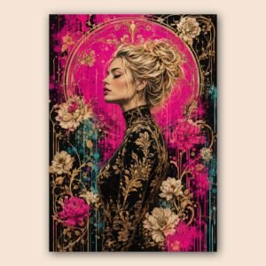 Affiche portrait féminin floral et doré
