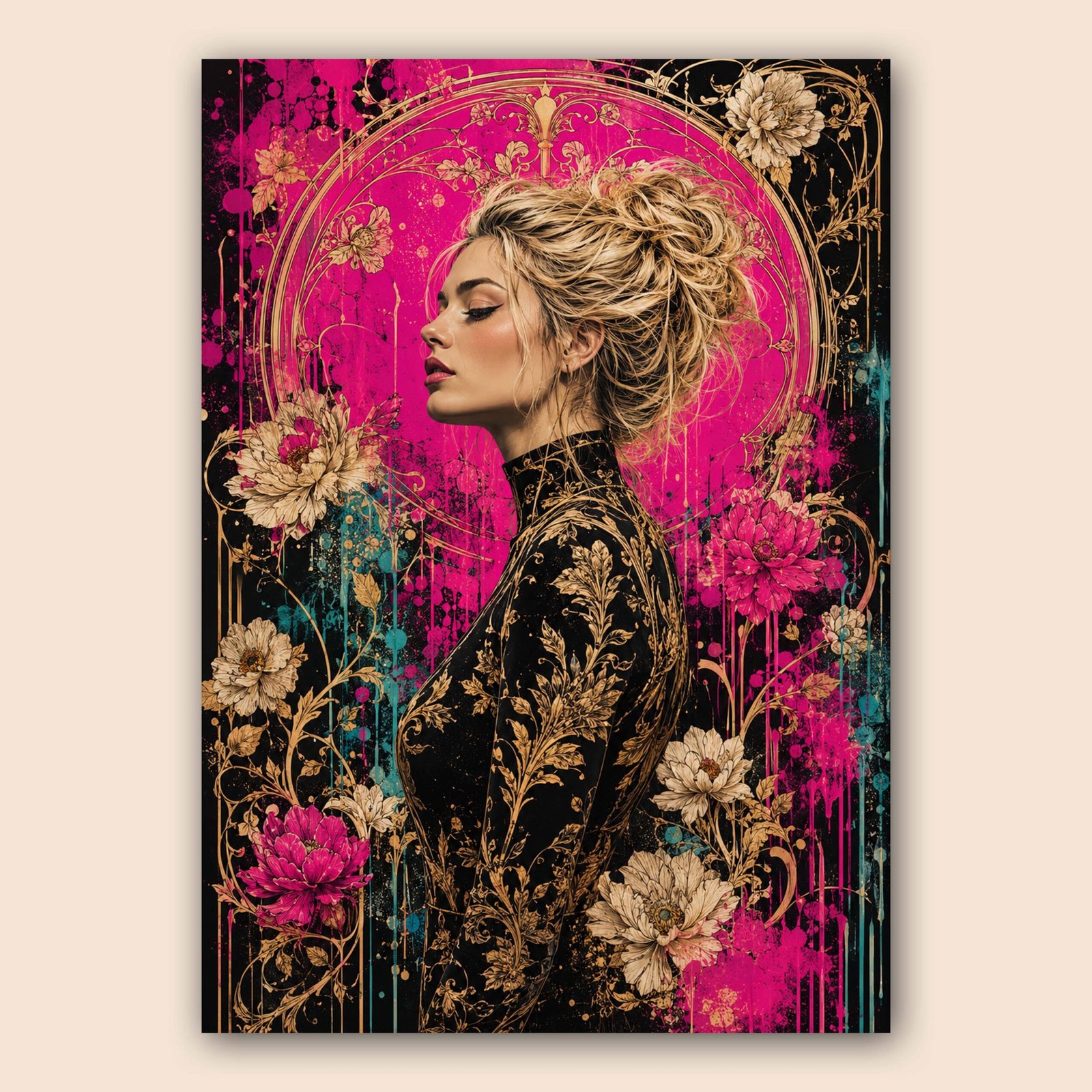 Affiche portrait féminin floral et doré