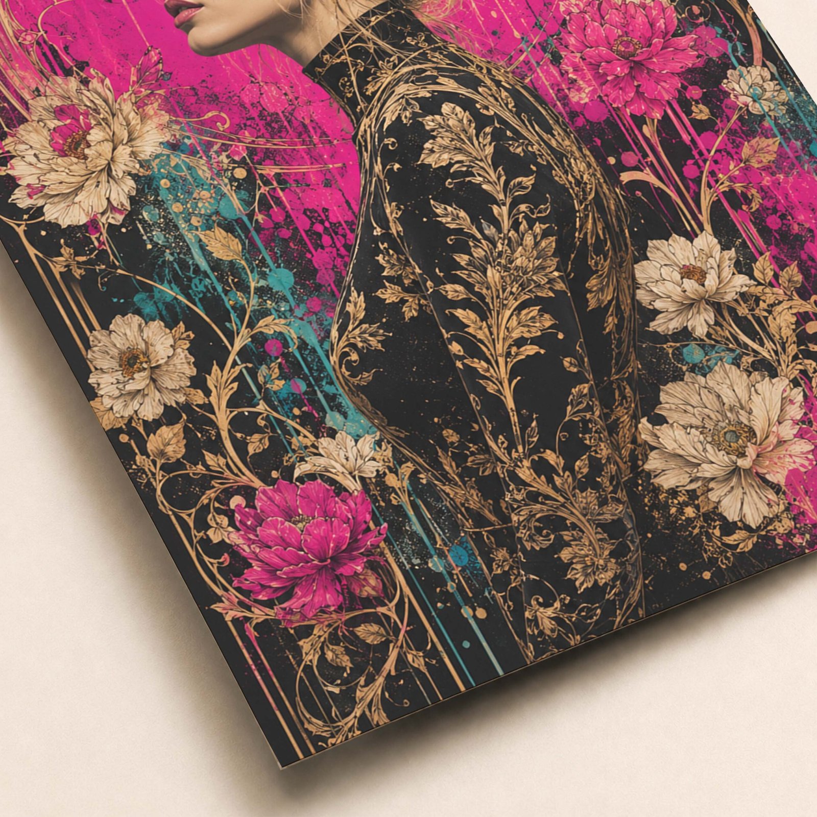 Détail du portrait floral avec ornements dorés
