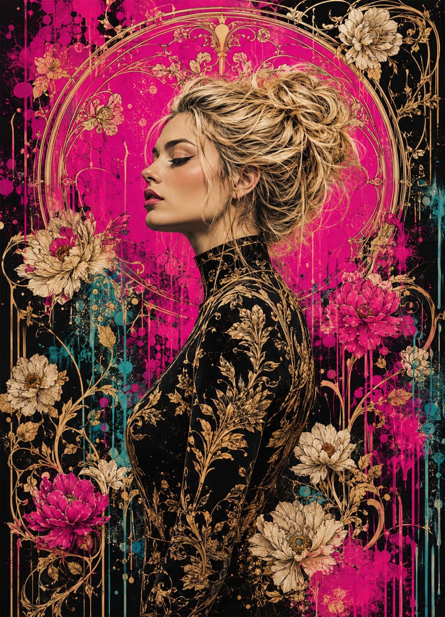 Affiche représentant un portrait féminin élégant, entouré de fleurs et de détails dorés sur un fond fuchsia très vibrant. Le contraste entre le noir profond, l'or et les touches turquoise crée une composition forte, à la fois moderne et décorative
