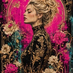 Affiche représentant un portrait féminin élégant, entouré de fleurs et de détails dorés sur un fond fuchsia très vibrant. Le contraste entre le noir profond, l'or et les touches turquoise crée une composition forte, à la fois moderne et décorative