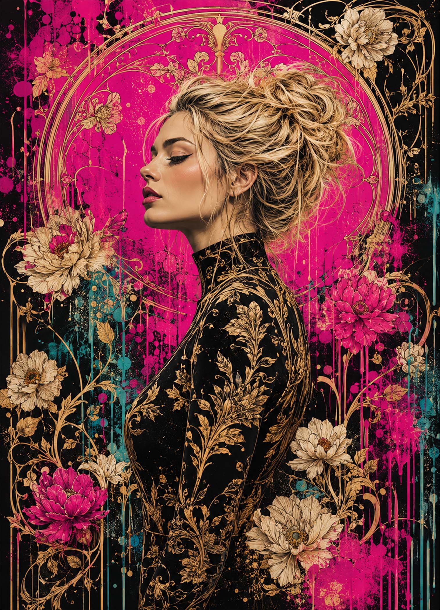 Affiche représentant un portrait féminin élégant, entouré de fleurs et de détails dorés sur un fond fuchsia très vibrant. Le contraste entre le noir profond, l'or et les touches turquoise crée une composition forte, à la fois moderne et décorative