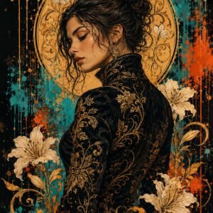 Affiche représentant un portrait féminin plein de caractère, entouré d’un halo ornemental et de fleurs délicates. Le contraste entre le fond sombre, les éclats turquoise et les touches orange crée une présence forte, idéale pour donner du relief à un mur