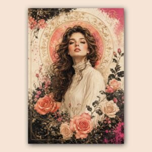 Affiche décorative portrait féminin et fleurs roses