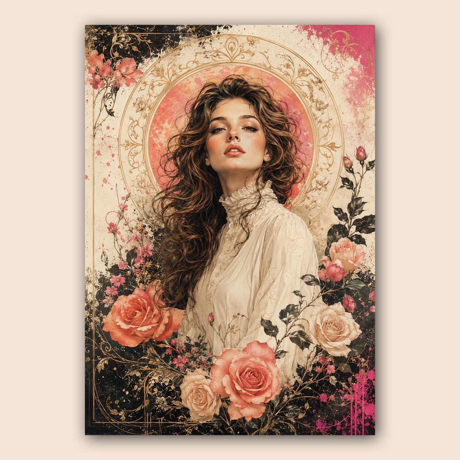 Affiche décorative portrait féminin et fleurs roses