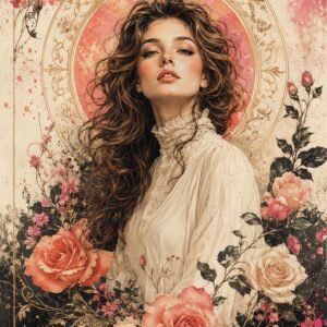 Affiche représentant un portrait féminin au style romantique, entouré de fleurs et de détails décoratifs raffinés. L’ensemble crée une composition douce, expressive et très décorative