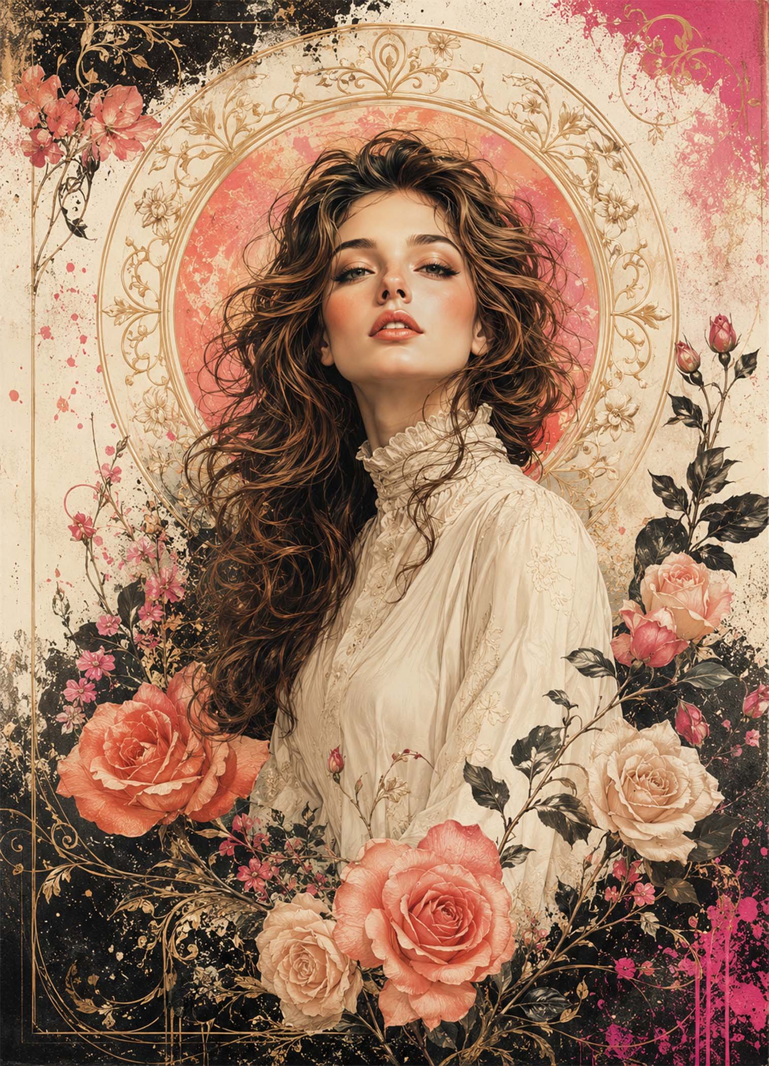Affiche représentant un portrait féminin au style romantique, entouré de fleurs et de détails décoratifs raffinés. L’ensemble crée une composition douce, expressive et très décorative