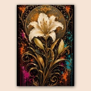Illustration florale avec fleur de lys blanche, tiges dorées et fond artistique sombre