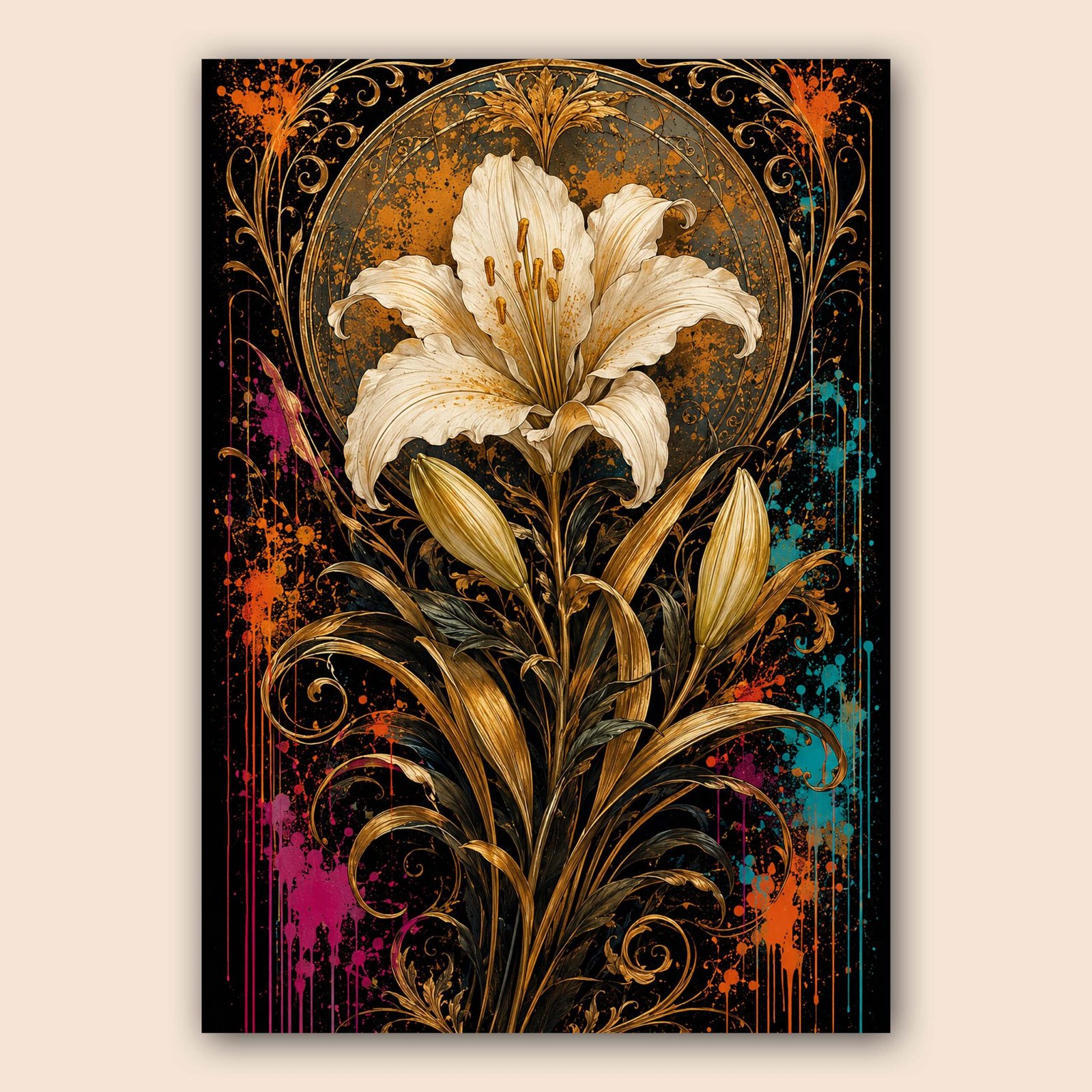 Illustration florale avec fleur de lys blanche, tiges dorées et fond artistique sombre