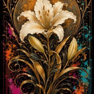 Affiche représentant une grande fleur de lys blanche, mise en valeur par des tiges dorées et un fond sombre très contrasté. Les détails décoratifs donnent un rendu riche, presque précieux, qui attire immédiatement le regard