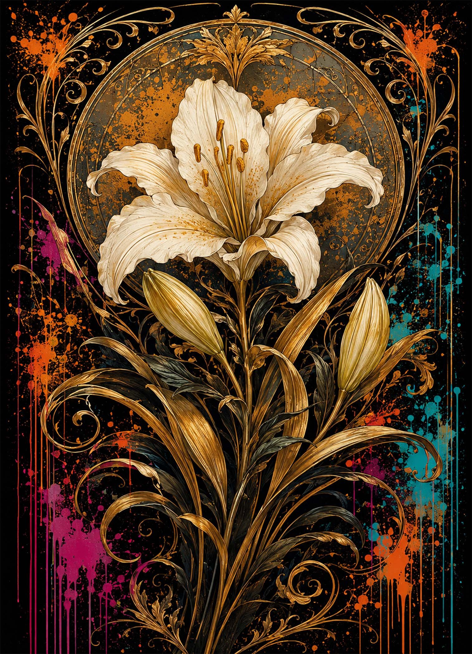 Affiche représentant une grande fleur de lys blanche, mise en valeur par des tiges dorées et un fond sombre très contrasté. Les détails décoratifs donnent un rendu riche, presque précieux, qui attire immédiatement le regard