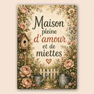 Illustration florale vintage avec texte maison pleine d'amour et de miettes