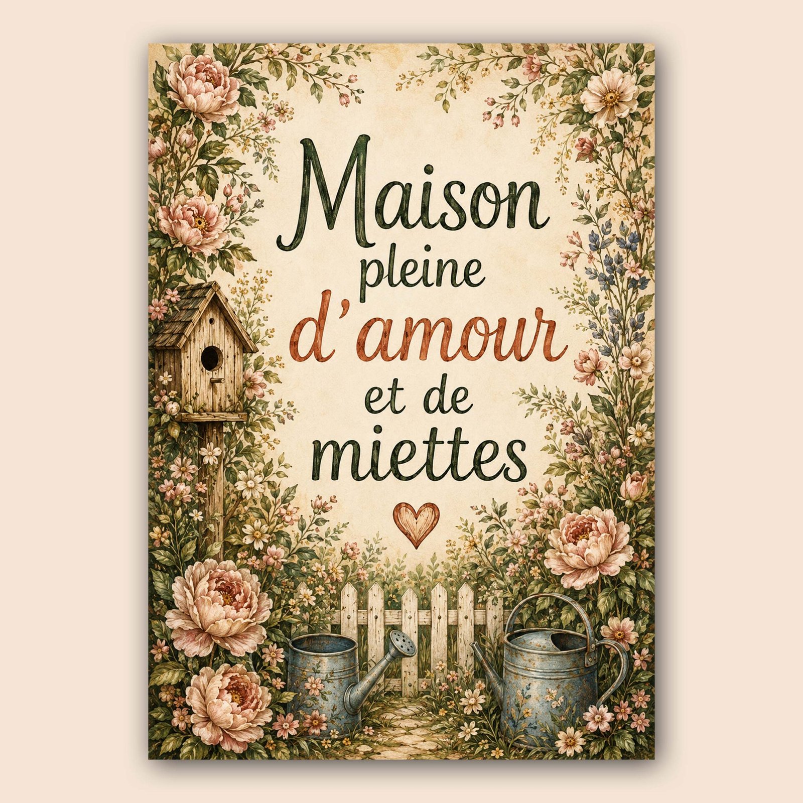 Illustration florale vintage avec texte maison pleine d'amour et de miettes