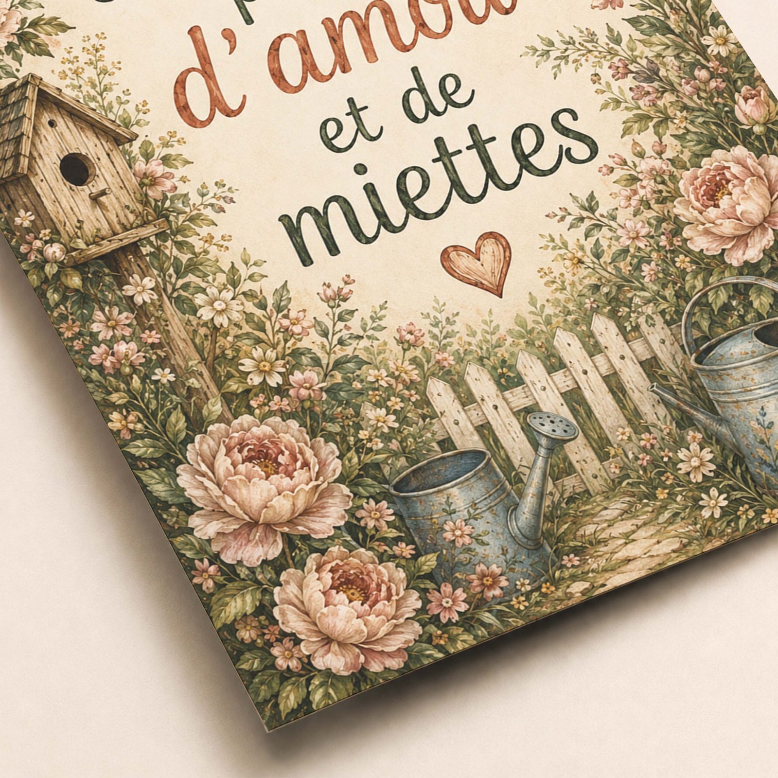 Détail de l'affiche avec fleurs, maison et texte décoratif
