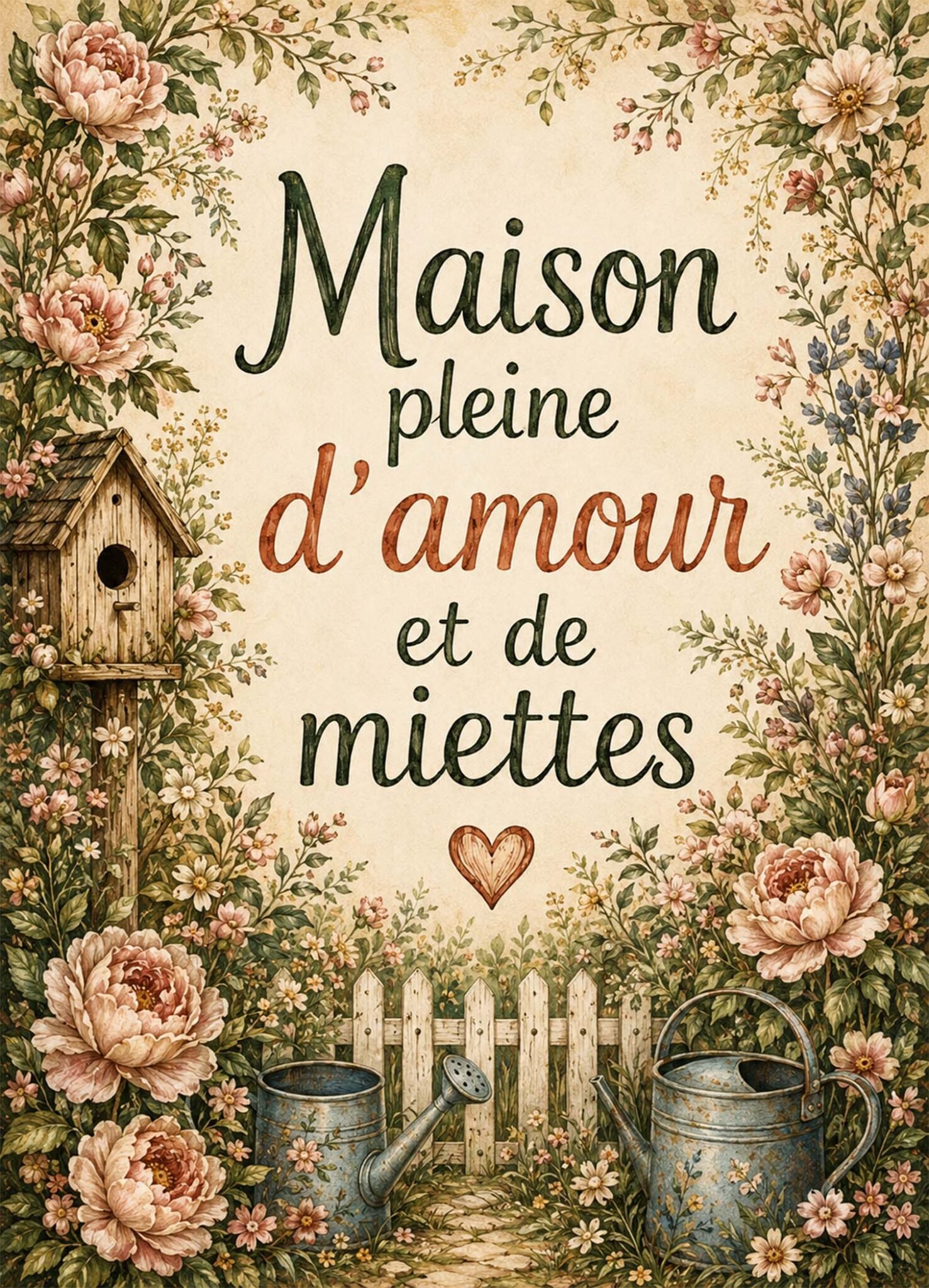 Affiche représentant une composition autour de maison fleurie douce