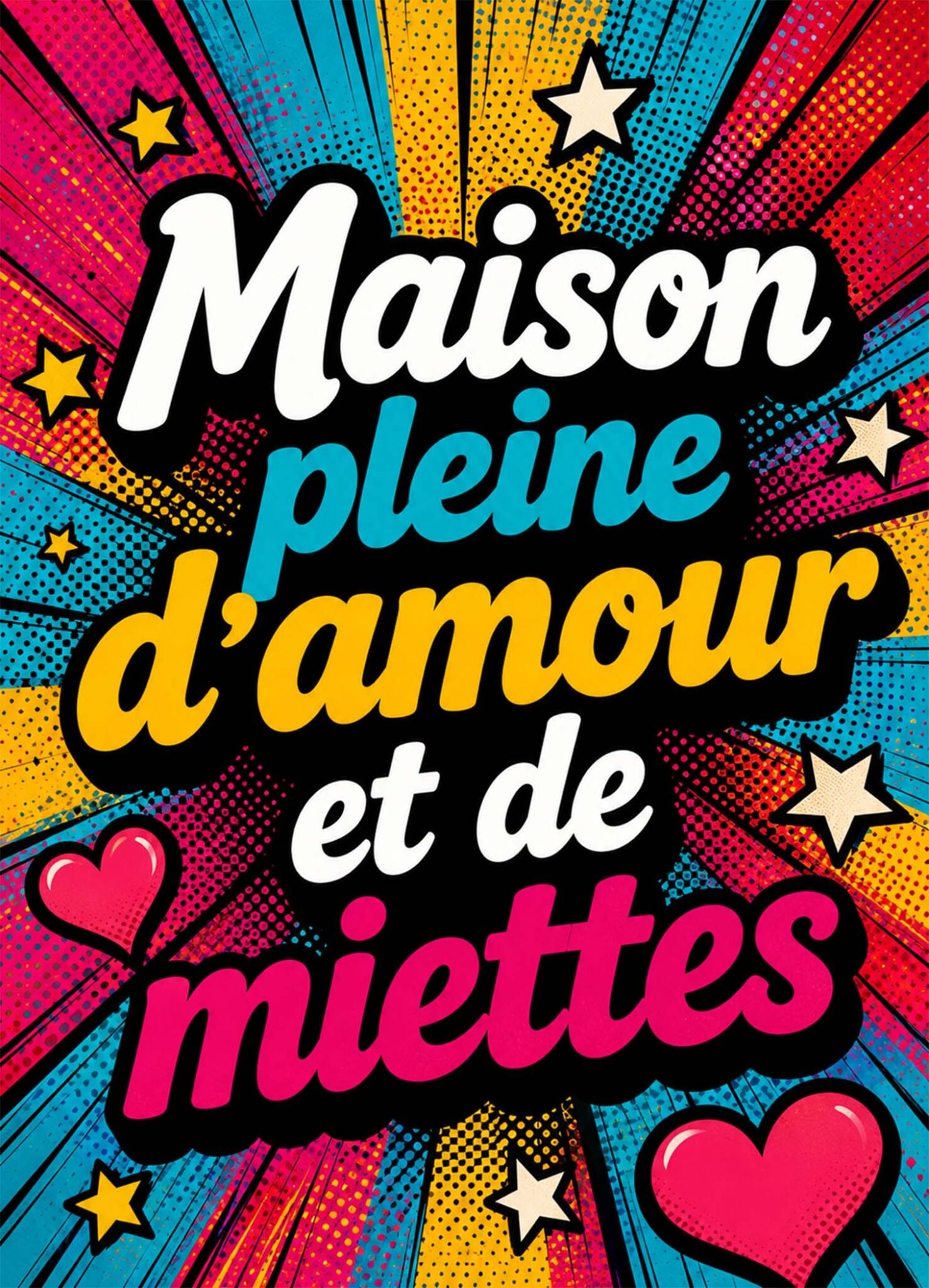 Affiche représentant Une affiche pleine de peps qui affiche un message tendre et joyeux, avec une composition pop art très expressive. Le fond éclaté, les étoiles et les cœurs donnent tout de suite une vraie sensation de bonne humeur