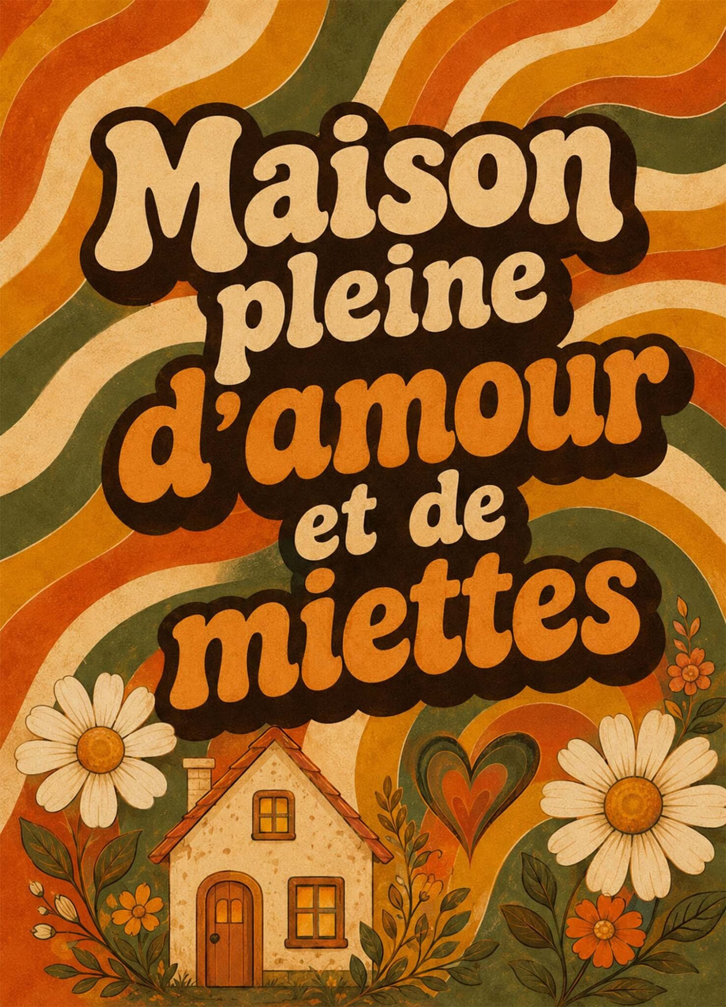 Affiche représentant Une affiche pleine de charme, avec un message tendre et un esprit maison de famille. Les formes ondulées, la typographie généreuse et les fleurs créent une composition vivante, chaleureuse et très décorative