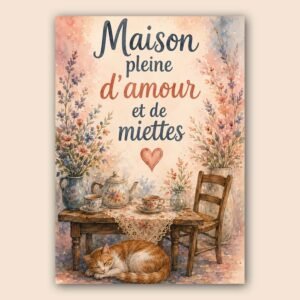Illustration aquarelle d’une maison chaleureuse avec citation et décor floral