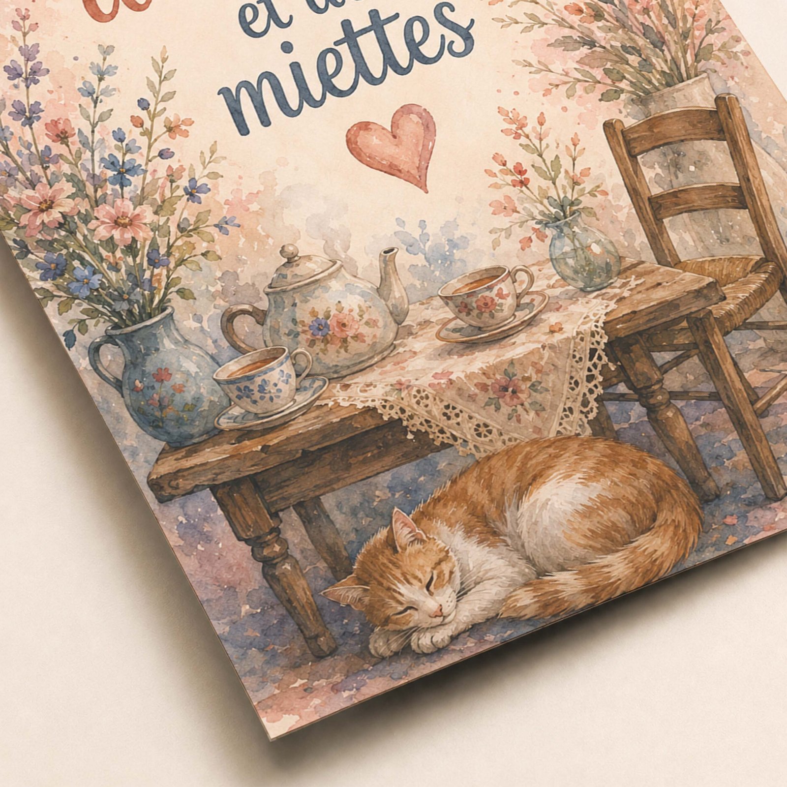 Zoom sur la citation Maison pleine d’amour et de miettes et les détails aquarelle