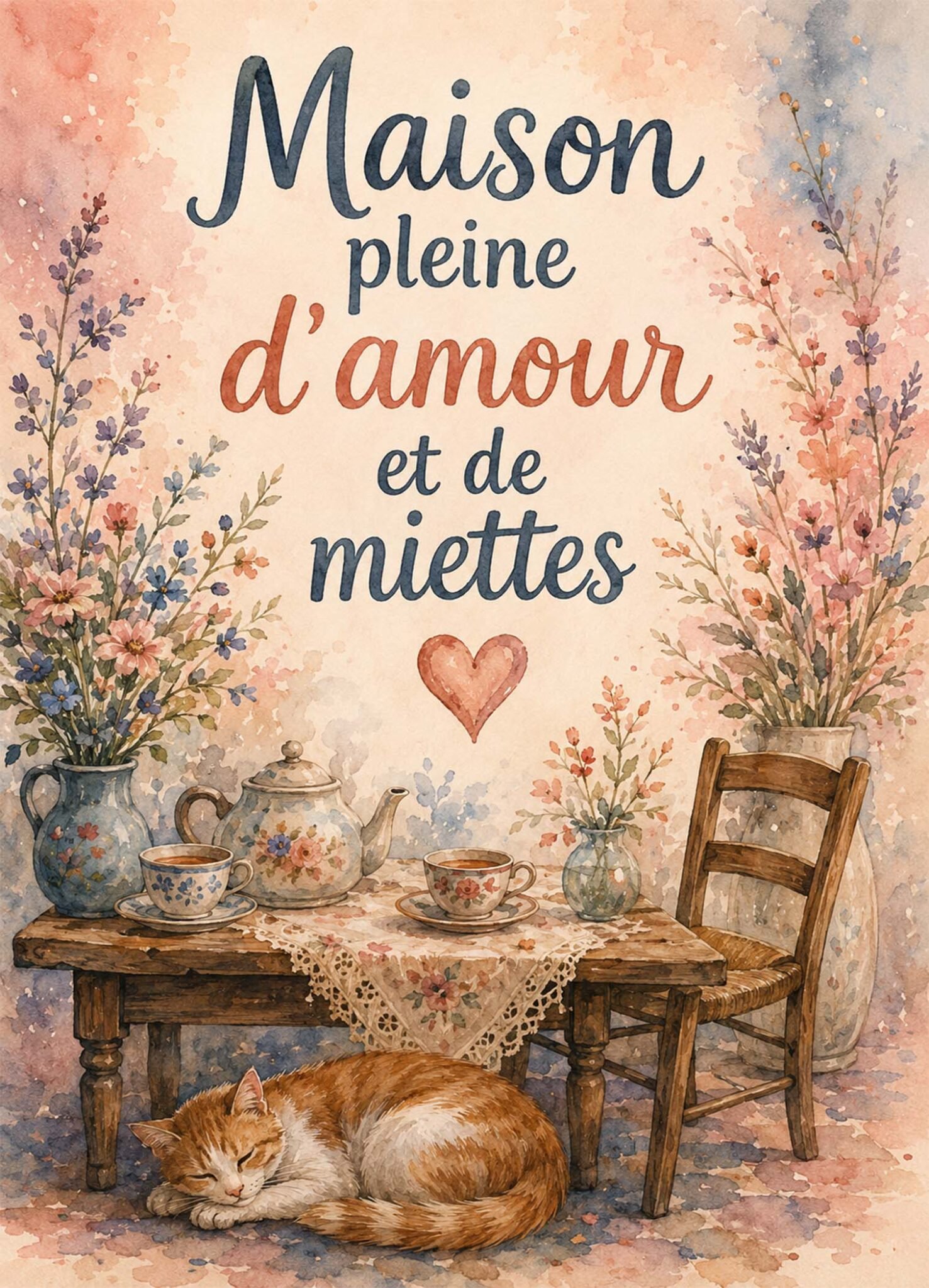 Affiche représentant une composition autour de maison chaleureuse rose poudré