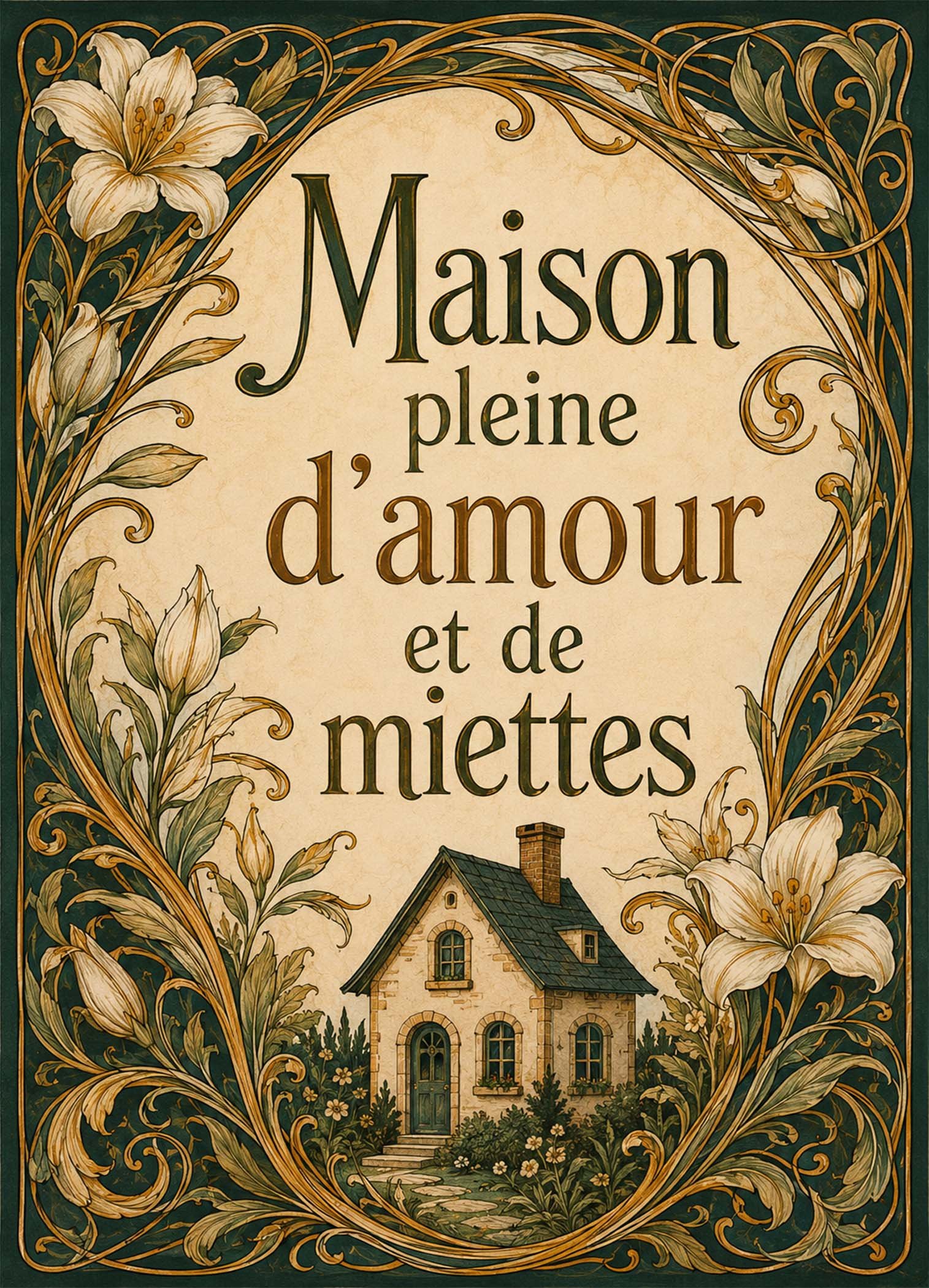 Affiche représentant une petite maison entourée d’un décor floral raffiné, comme une invitation à la douceur et au confort. Le message central apporte une note chaleureuse et pleine de charme, idéale pour créer une atmosphère accueillante